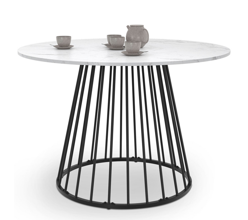 Table à Manger Ronde Yuna 6 Personnes Pied Filaire En Métal Noir Et Plateau Effet Marbre Blanc Alask