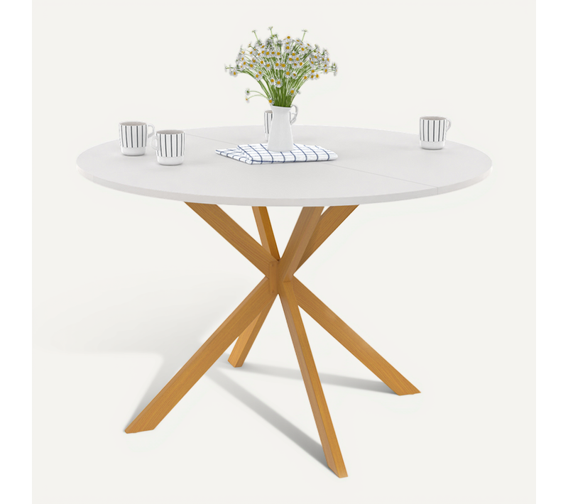 Table à Manger Ronde Alix 6 Personnes Pied Araignée Bois Plateau Blanc Gisele 110 Cm
