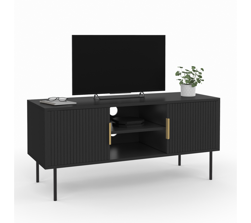 Meuble TV 110 Cm Marcel 2 Portes Lattes Tasseau Bois Noir
