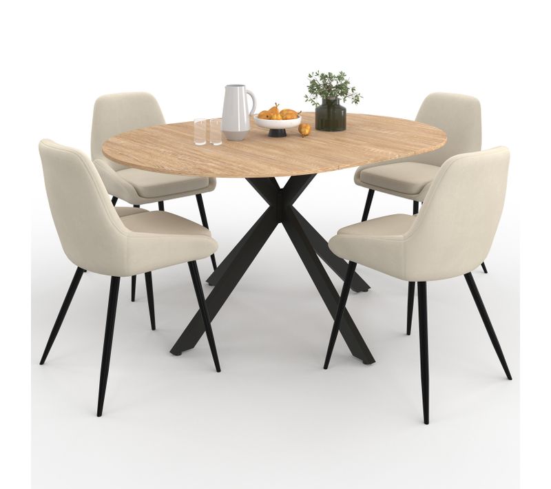 Ensemble Table à Manger Extensible Ronde Alix Bois Et Noir 110-150 Cm Et 4 Chaises Thalya Velours Be