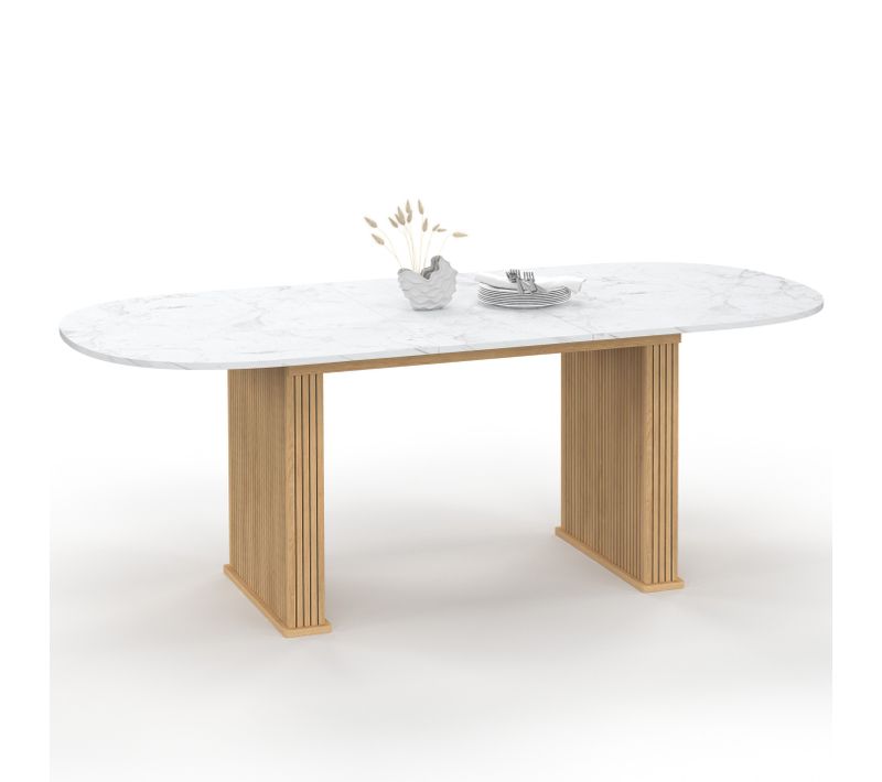 Table à Manger Extensible Ovale Juliette 6-10 Personnes Pieds Effet Lattes Et Plateau Effet Marbre A