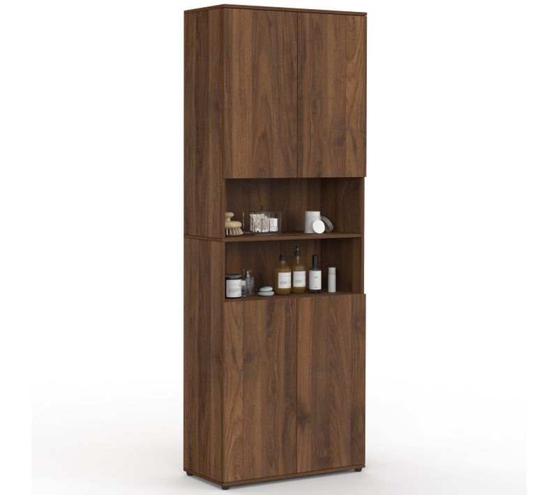 Meuble Armoire Colonne Salle De Bain Tomi 4 Portes 2 Niches Effet Noyer