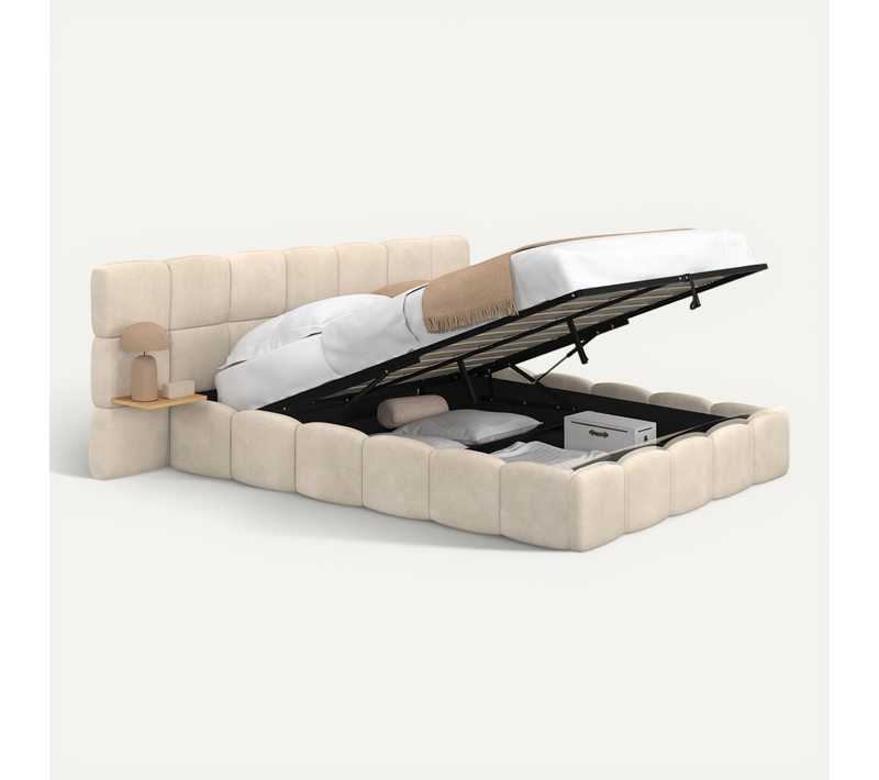 Lit Coffre Double Nuage Avec Tête De Lit Matelassée + Tables De Chevet Intégrées Et Sommier 140 X 19