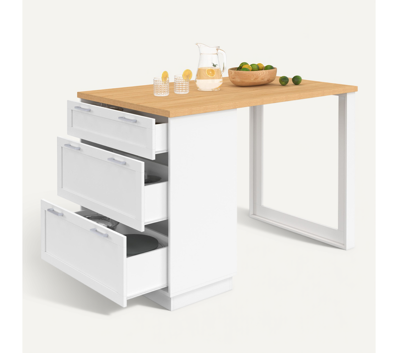 Ilot Central Mange-debout 4 Personnes Vito 130 Cm Casserolier 3 Tiroirs Blanc Et Plateau Bois