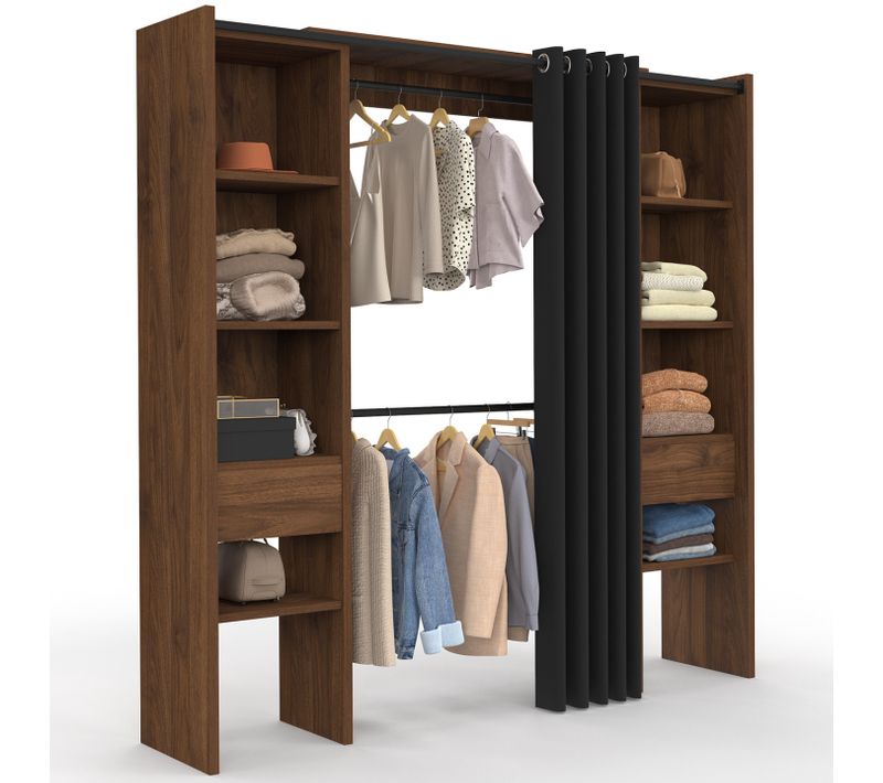 Dressing Extensible Double Meryl 120/180 X 50 X 180 Cm Noyer Avec Étagères + Double Penderie + Ridea