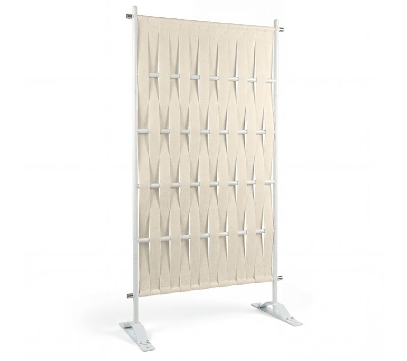 Paravent Extérieur Claustra Décoratif 80 X 150 Cm Sangles Beige Et Métal Blanc