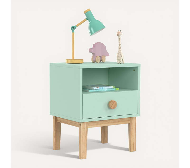 Table De Chevet Enfant Jacob 1 Tiroir + 1 Niche Vert D'eau Et Bois