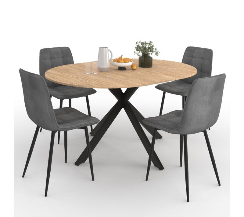 Ensemble Table à Manger Ronde Extensible Alix 110 - 150 Cm Et 4 Chaises Mila En Velours Gris Foncé
