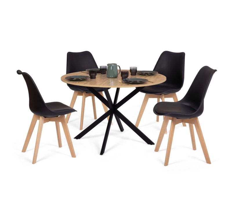 Ensemble Table à Manger Ronde Alix 110 Cm Bois Et Noir Et 4 Chaises Sara Noires