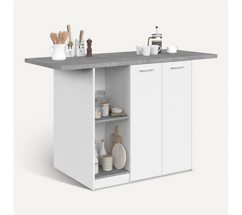 Ilot Central Bao 140 Cm 4 Personnes Bois Blanc Avec Plan De Travail Effet Béton