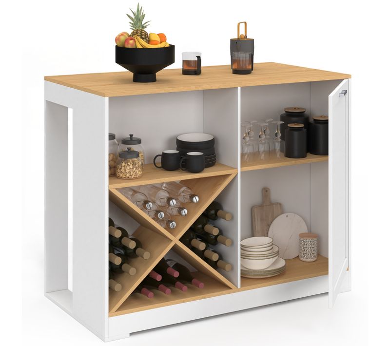 Table De Bar Îlot Vito 113 Cm Avec Range-bouteilles Bois Blanc Et Plateau Façon Hêtre