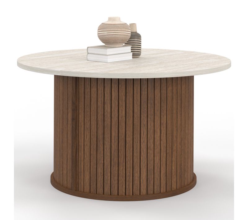 Table Basse Ronde Juliette 70 Cm Lattes Effet Noyer Et Plateau Travertin