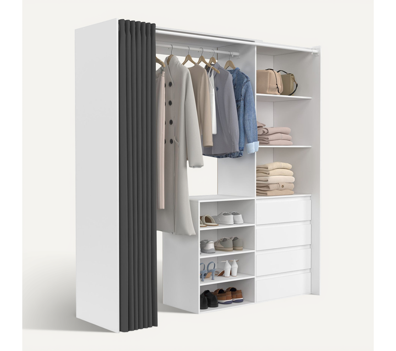 Dressing Extensible XXL Marty 120/170 X 50 X 180 Cm Blanc Avec 4 Tiroirs + étagères + Penderie + Rid