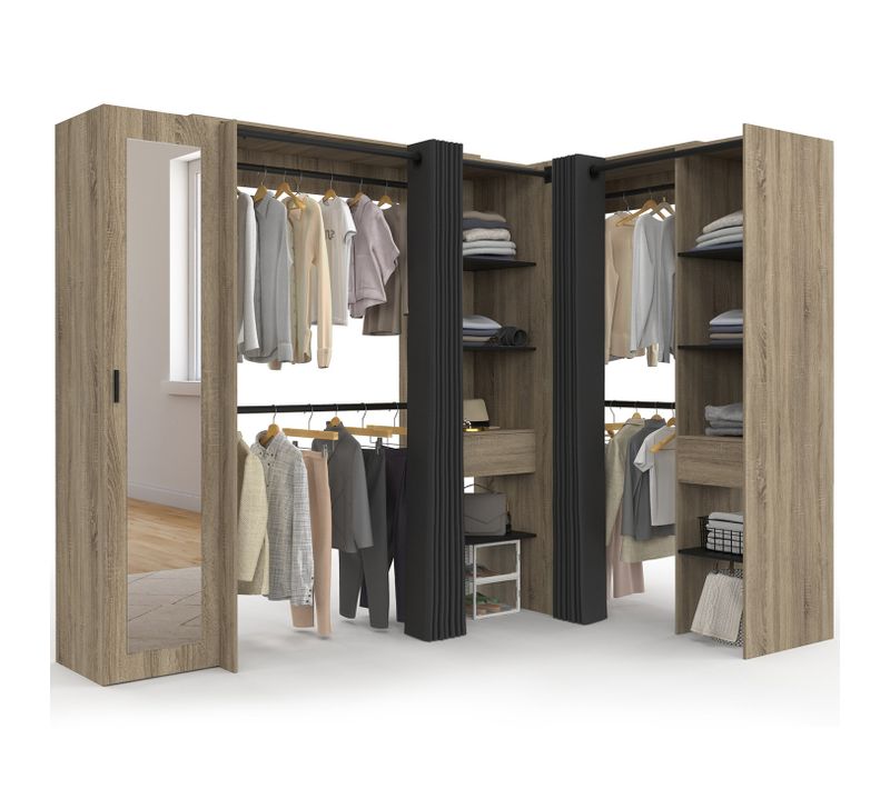 Dressing Extensible D'angle Marlon 230 X 140 X 180 Cm Cm Hêtre Avec Penderies + étagères + Miroir +