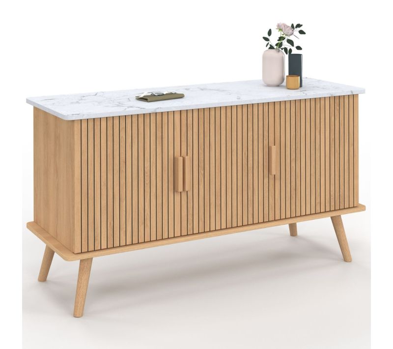 Buffet 110 Cm Juliette Plateau Effet Marbre 3 Portes Lattes Tasseau Bois Coloris Chêne