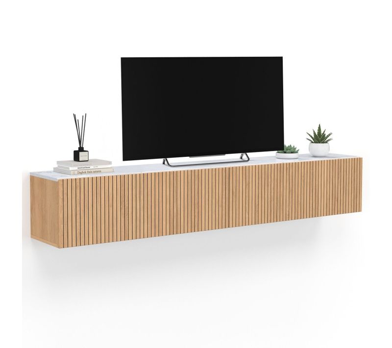 Meuble TV 180 Cm Suspendu Juliette Plateau Effet Marbre Lattes Tasseau Bois Coloris Chêne