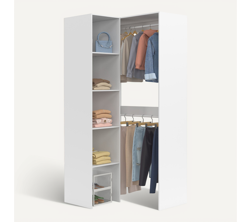 Dressing D'angle Modulable L. 90 / 127 Cm Melman Double Penderie + étagères Blanc
