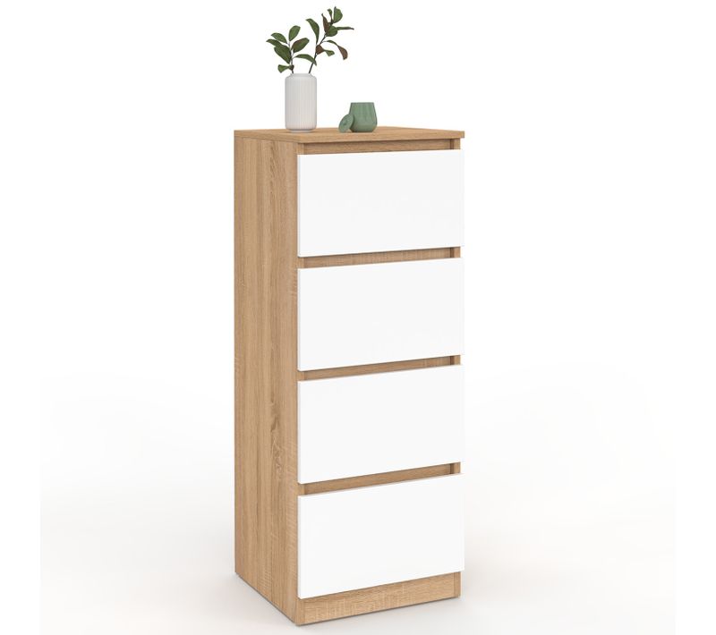 Meuble D'appoint 4 Tiroirs Tomi 30 Cm Chiffonnier Bois Façon Hêtre Et Blanc Pour Entrée Salle De Bai