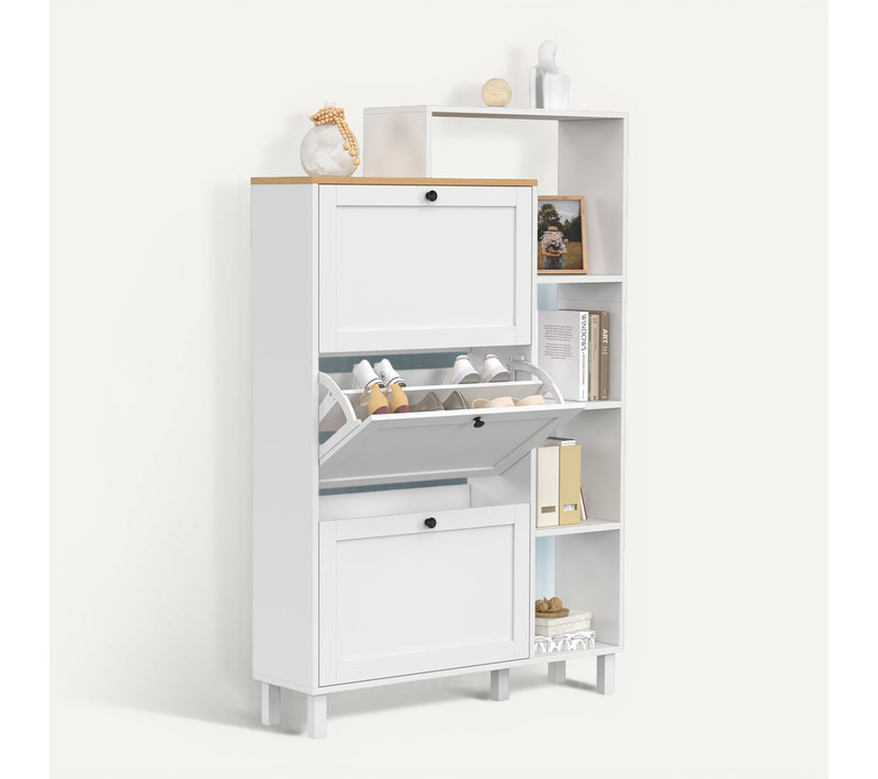 Meuble à Chaussures 18 Paires Achille 3 Portes Blanc Et Plateau Bois Avec étagère