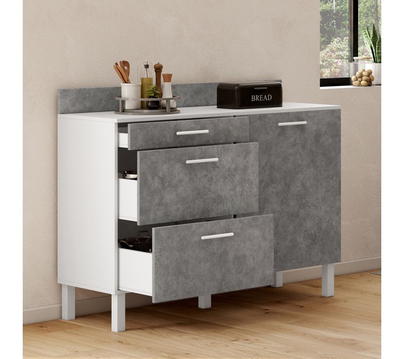 Buffet Bas Casserolier De Cuisine 120 Cm Cina Plan De Travail H.83 Cm 1 Porte + 3 Tiroirs Blanc Et E