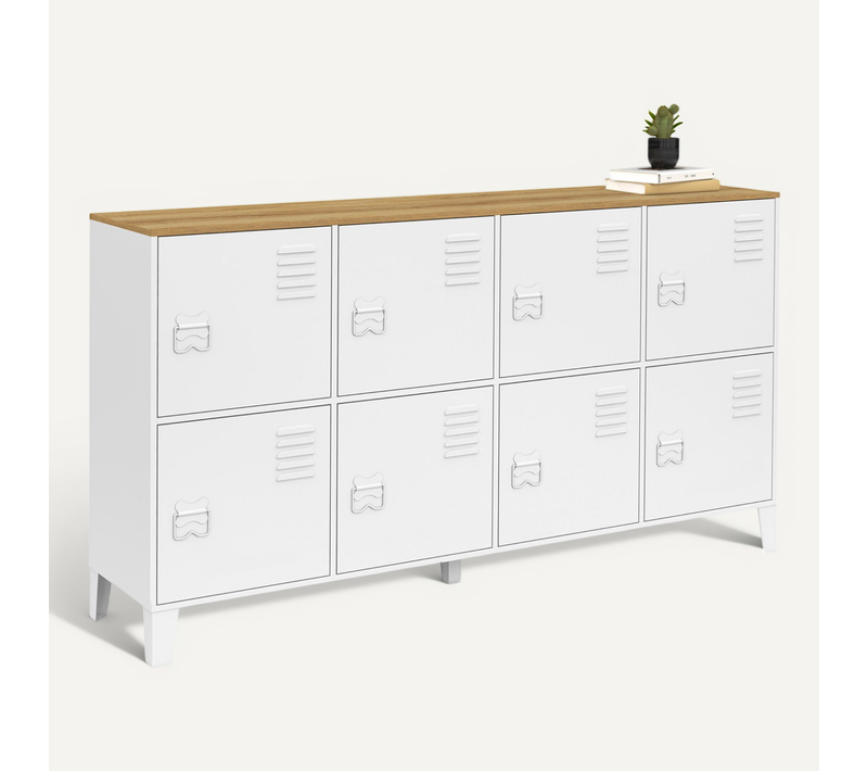 Buffet Casier 139 Cm Ester 8 Portes En Métal Blanc Plateau Bois Design Industriel