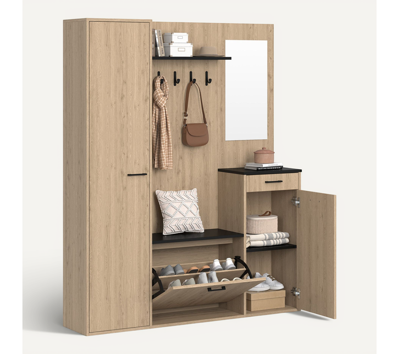 Vestiaire D'entrée Rangement Chaussures Avec Miroir Et étagères Mahaut XXL Maxi Capacité Effet Bois
