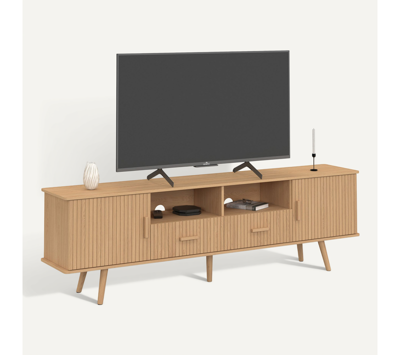 Meuble TV 180 Cm Juliette 2 Portes Et 2 Tiroirs Lattes Tasseau Bois Coloris Chêne
