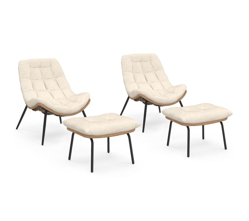 Lot De 2 Fauteuils De Jardin Relax Loa Effet Rotin Avec Coussins écrus Et Repose-pieds