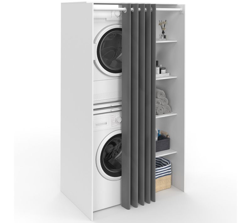 Meuble De Buanderie Double Machine à Laver Avec Rideau Coulissant Wallis Blanc