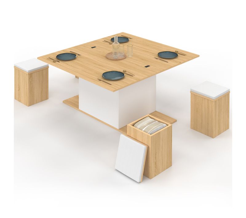 Table Basse Plateau Relevable Rectangulaire Convertible En Table à Manger Eden 100 Cm Bois Et Blanc