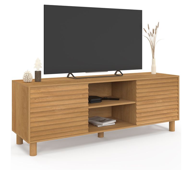 Meuble TV 140 Cm Julie 2 Portes Lattes Tasseau Bois Coloris Chêne