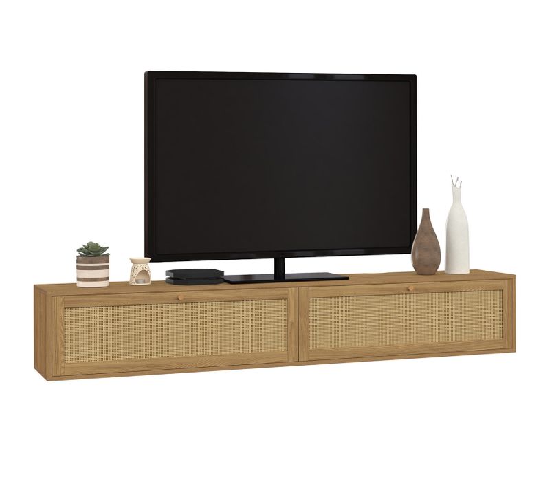 Meuble TV 180 Cm Suspendu Hanae 2 Portes Effet Naturel Cannage