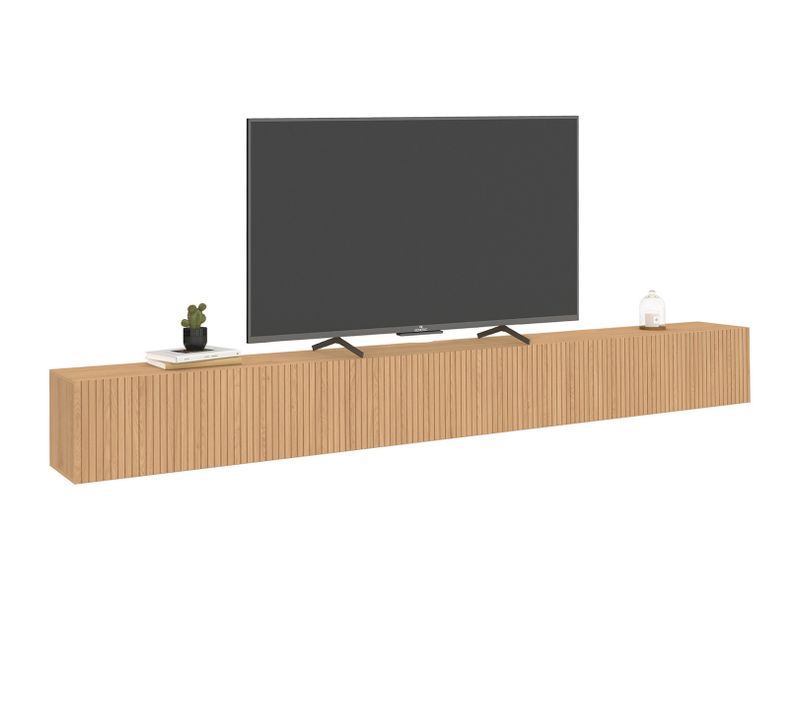 Meuble TV 270 Cm Suspendu Juliette 3 Portes Lattes Tasseau Bois Coloris Chêne