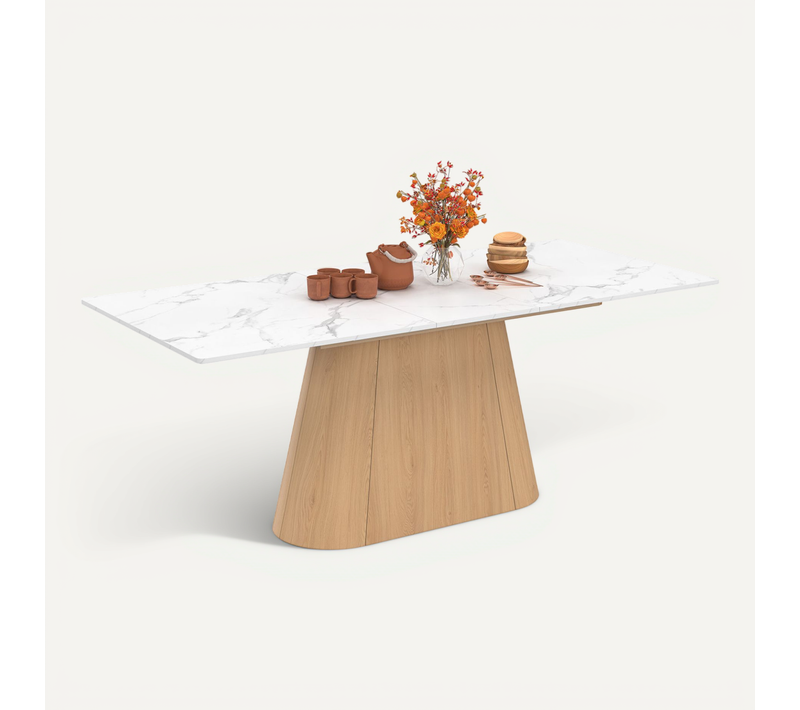 Table à Manger Extensible Rectangle Rhonda 6-10 Personnes Plateau Marbre Blanc Alaska Et Bois Façon