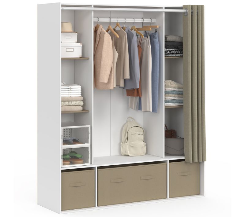 Dressing Double Penderie Diane 140 X 45 X 167 Cm Blanc Avec Étagères + Boites De Rangement + Rideau