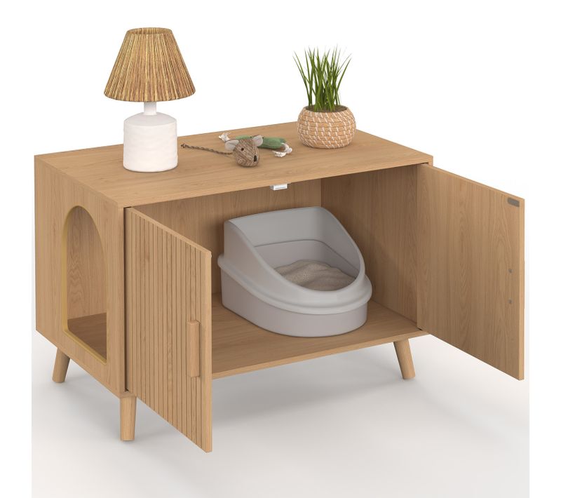 Maison De Toilette Chat Cache-litière Juliette Avec Doubles Portes Lattes Tasseau Bois Coloris Chêne