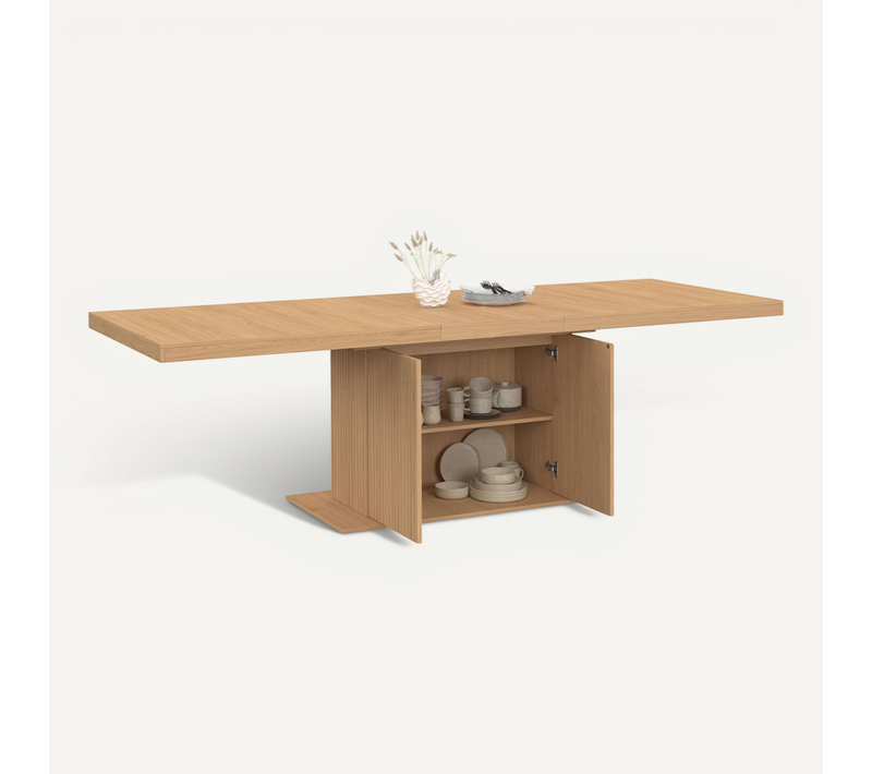 Table à Manger Extensible Rectangle Juliette 8-12 Personnes Pied Central Effet Lattes Avec Rangement