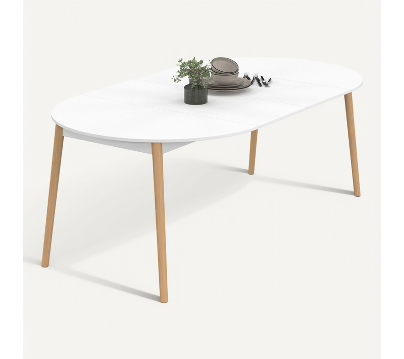 Table à Manger Extensible Ronde Angela 4-10 Personnes Blanc Pied Bois 110 - 200 Cm