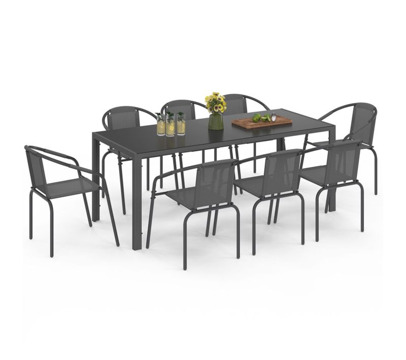 Salon De Jardin Thelma Table 190 Cm Et 8 Chaises Empilables Gris Anthracite