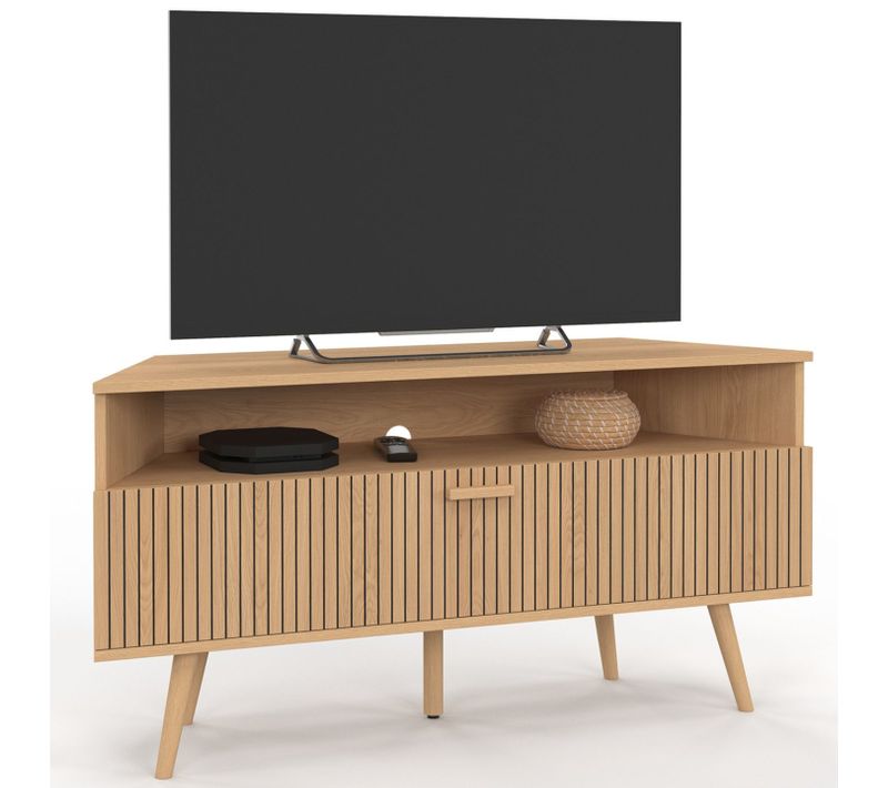 Meuble TV 110 Cm D'angle Juliette  1 Porte Effet Lattes Coloris Chêne