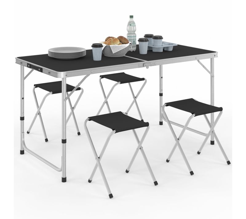 Table De Camping Pliante Réglable En Hauteur 120 Cm Et 4 Tabourets Noirs