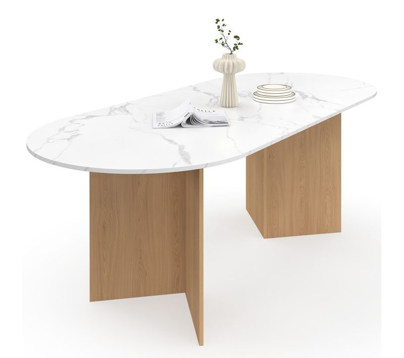 Table  à Manger Extensible Ovale Marthe 6 -10 Personnes Plateau Marbre Blanc Alaska Et Bois Façon Hê