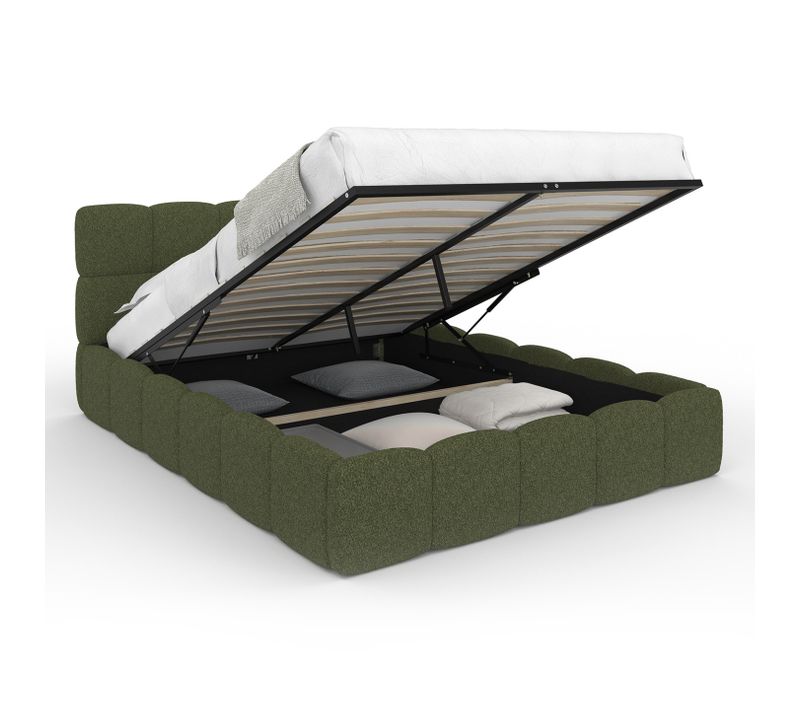 Lit Coffre Double Nuage Avec Tête De Lit Matelassée Et Sommier 140 X 190 Cm Tissu Bouclette Vert Kak