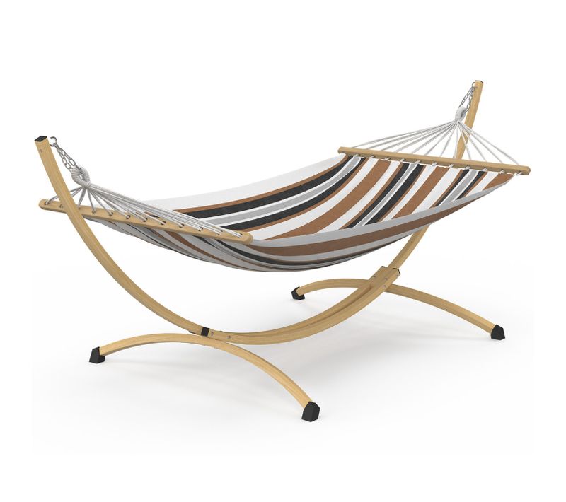 Hamac XL Avec Support Métal Effet Bois Et Toile Rayée Noire, Blanche Et Chocolat