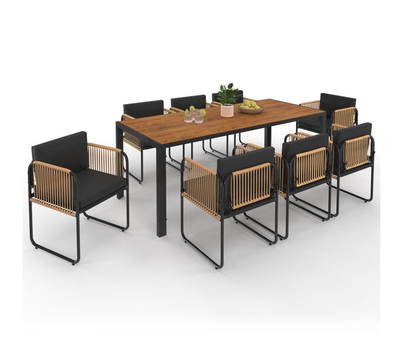 Salon De Jardin Rio Table 190 Cm Et 8 Chaises Structure Métal Noir, Cordage Effet Rotin Clair