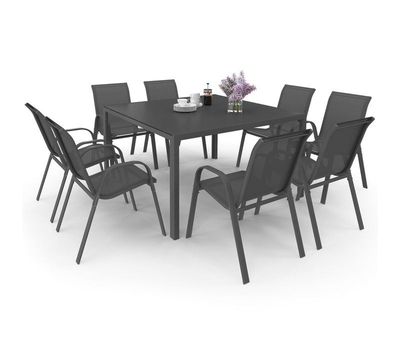 Salon De Jardin Madrid Table Carrée 130 Cm Et 8 Chaises Empilables Gris Anthracite