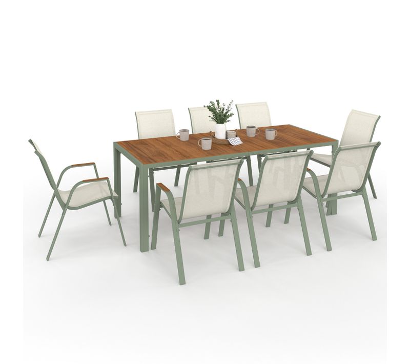 Salon De Jardin Noumea Table 190 Cm Plateau Verre Trempé Effet Bois Et 8 Chaises Empilables Vert Et