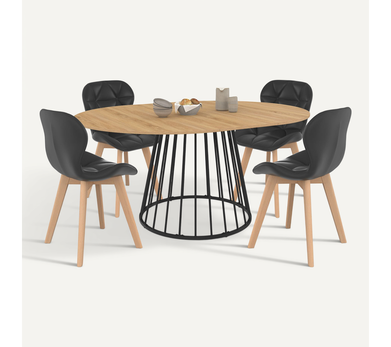 Ensemble Table à Manger Extensible Ronde Yuna Plateau Bois Et Pied Filaire En Métal 110-150 Cm