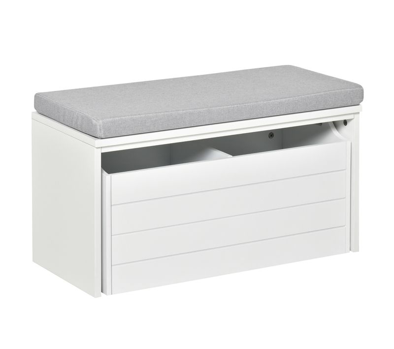 Banc à Chaussures Blanc Tiroir Double Compartiment Coussin Gris