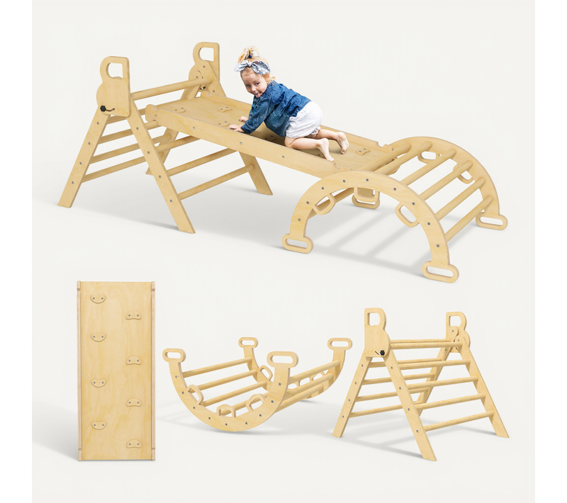 Ensemble D'escalade En Bois 5 En 1 - Triangle Pikler, Arche, Bascule, Toboggan, Rampe